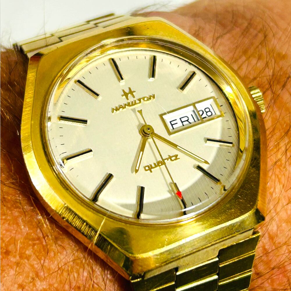 Hamilton Quartz Goldtone Watch Day Date 1981 37mm Swiss Made Vintage